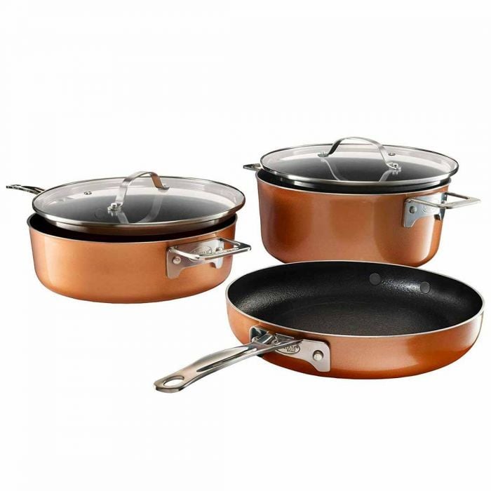 JUEGO DE 3 SARTENES 2 TAPAS COLOR COBRE COPPER PAN APTO PARA HORNO